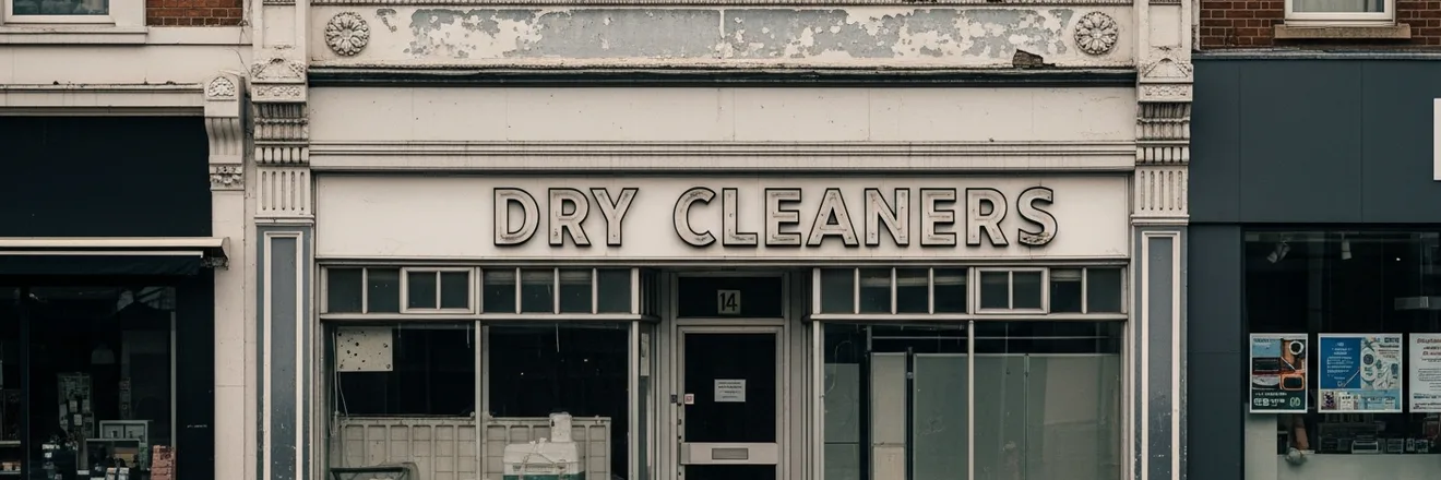 Former dry cleaner storefront — a historic land use flagged in environmental site screening