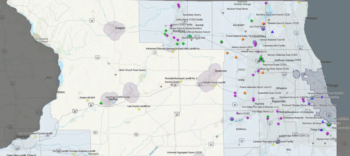 A northern-Illinois GIS map showing named CCDD facilities, quarries, and landfills across the Chicago metro — click to explore A3 Environmental's live CCDD disposal-site map