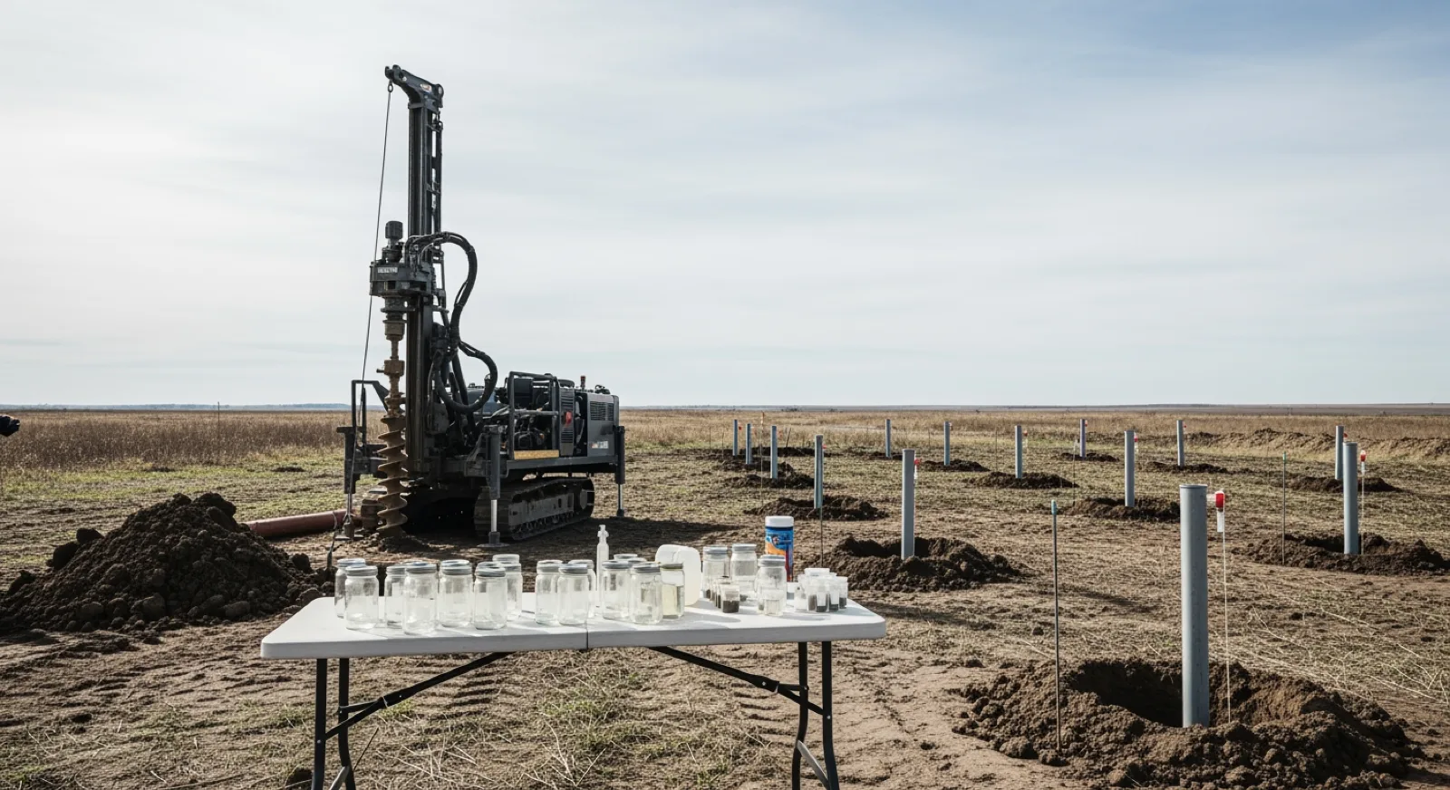 Soil and groundwater sampling setup at a Phase 2 ESA site — drilling rig and sample collection