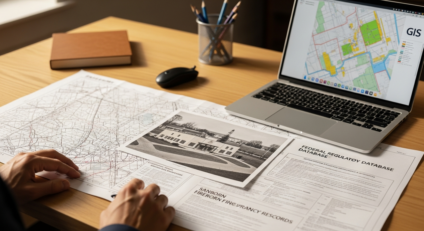 Environmental consultant reviewing property records, aerials, and database printouts for an RSRA report