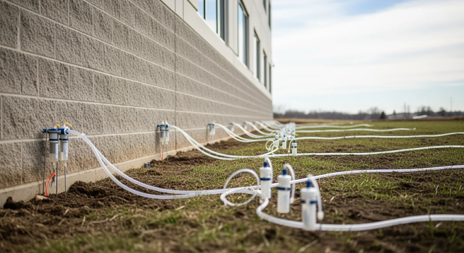 Soil gas and vapor intrusion sampling equipment near a building foundation